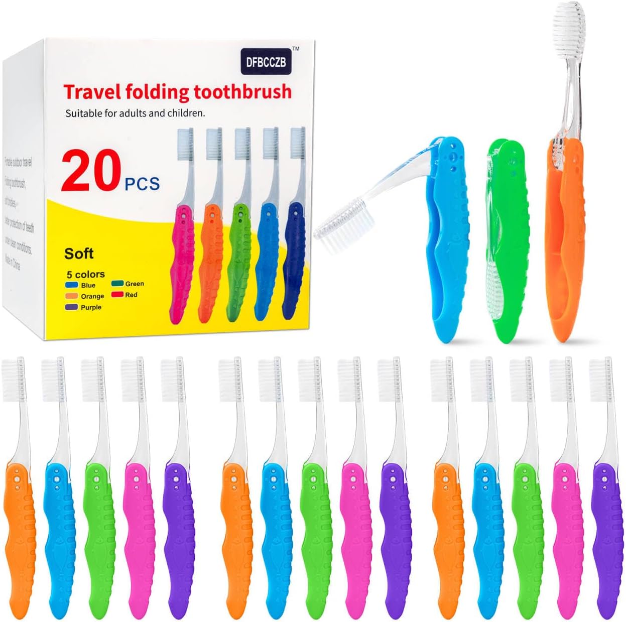 20 Folding Travel toothbrushes, Soft, Tooth Care, Individually Packaged, Outdoor, Camping, Business Trip, School, Family, Hiking, mini Size, Multicolor.