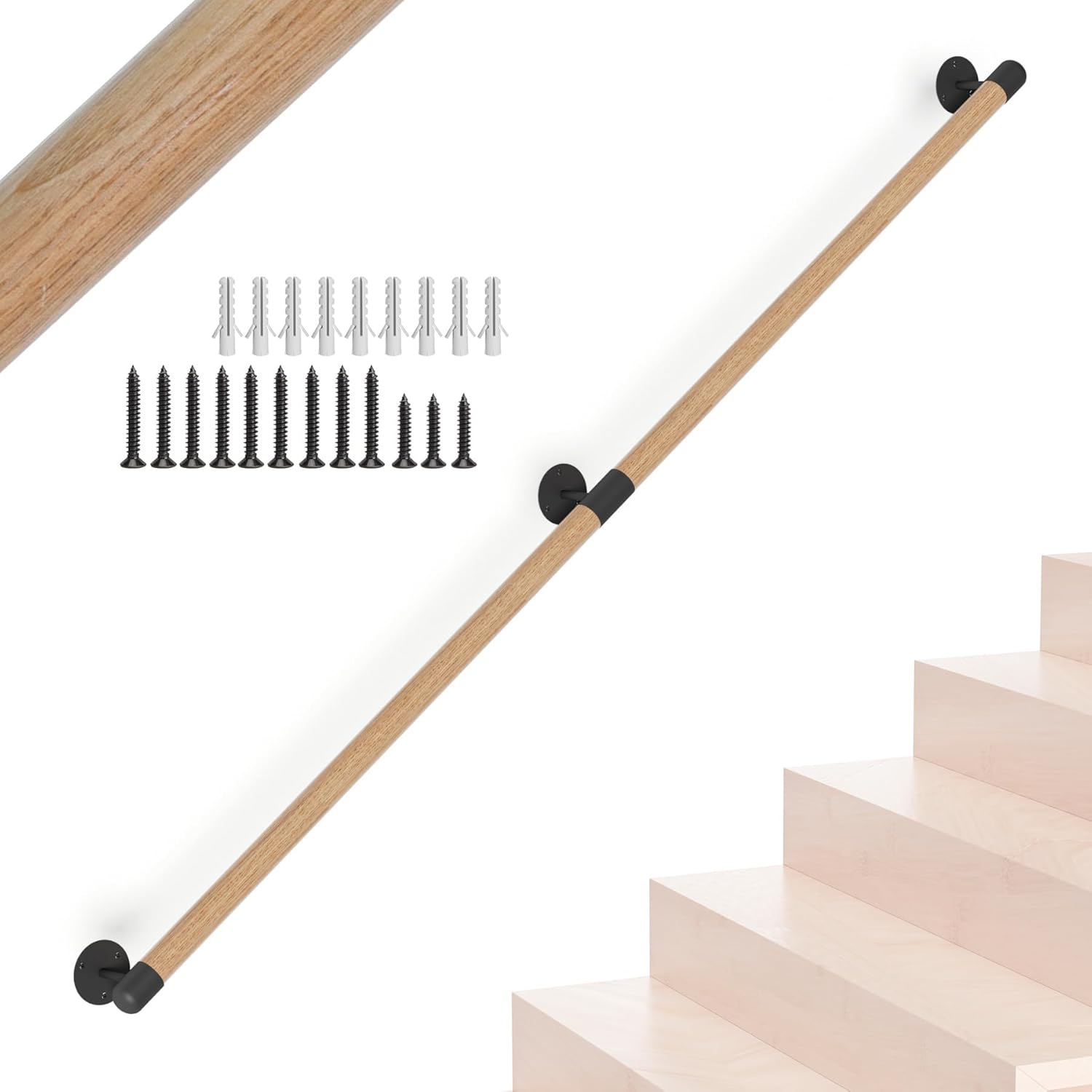 4FT Round Wooden Stair Handrail,Indoor Staircase Handrail,Wall Mount Support Stair Railings, Non-Slip Safety Corridor,Lofts,Patio,Guardrail,Home Wood Hand Railings for Elderly,Children,Disable People