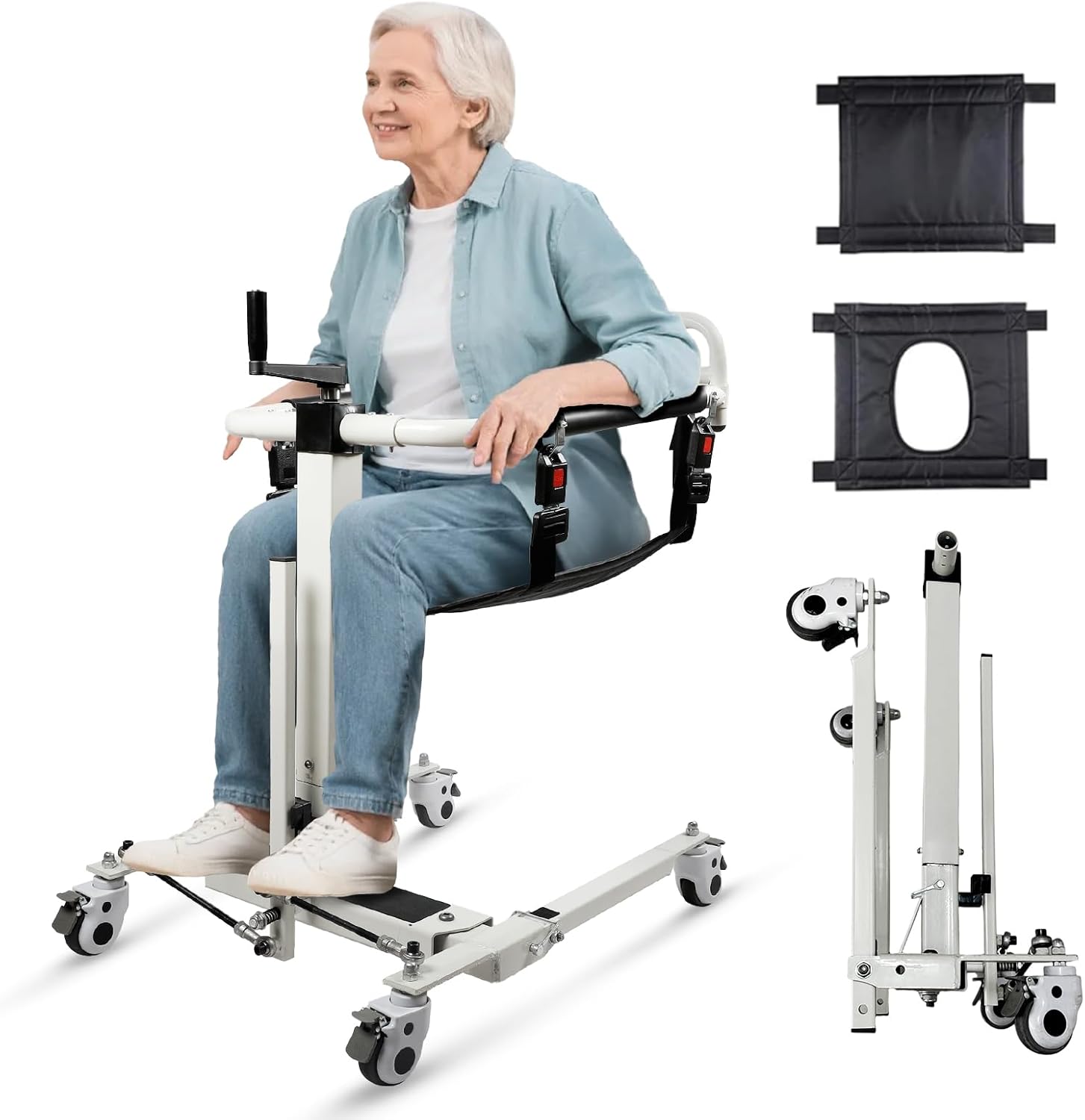 5 in 1 Patient Hydraulic Lift Transfer Chair, 180° Split Seat Commode Wheelchair, Height Adjustable, 440 lb Capacity Patient Transfer Chair for Elderly, Home Transfer Chairs for Seniors Handicapped