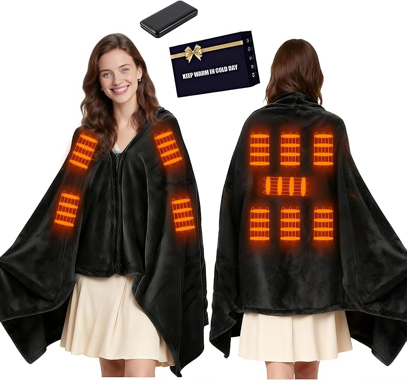 Portable USB Heated Shawl Wraps for Women Men, Heated Shawl Blanket Cordless with 11 Heating Zones, Heated Blanket Throw with Battery Wearable Heated Poncho Shawls