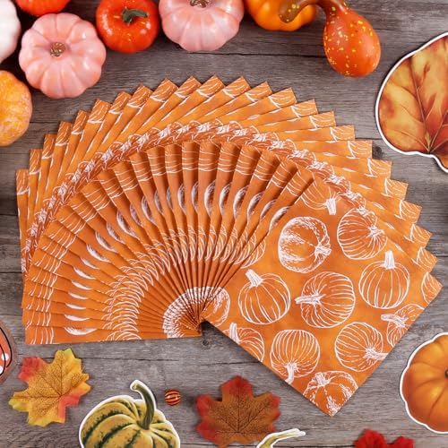 Quera 50 Pack Fall Paper Napkins Pumpkin Autumn Cocktail Napkins Thanksgiving Party Supplies Disposable Bar Napkins for Thanksgiving Party, Engagement, Baby Shower, Celebration