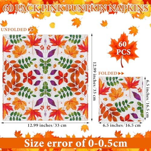 Feifeiya 60 Pcs Fall Leaves Cocktail Paper Napkins 6.5 x 6.5 Inches Autumn Maple Leaf Disposable Paper Napkins for Decoupage Party Thanksgiving Autumn Harvest