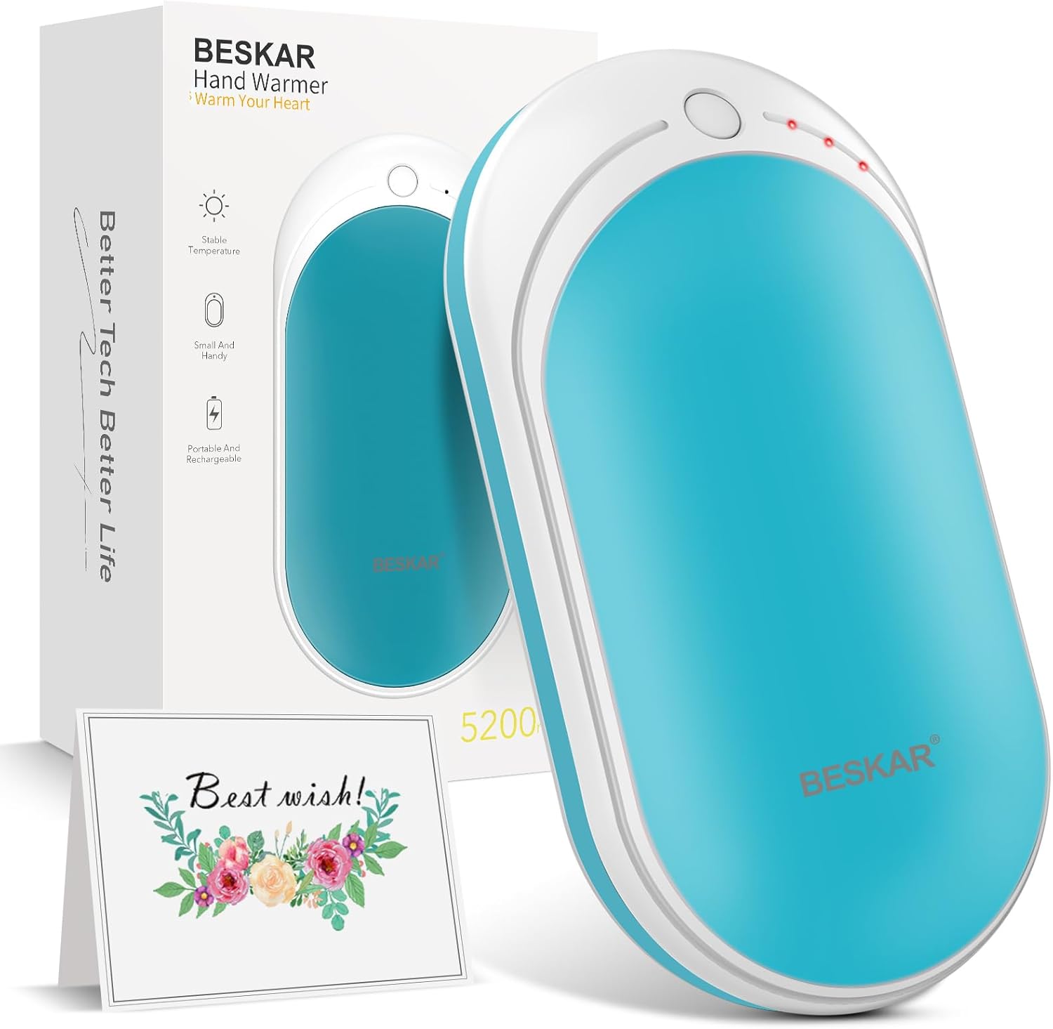BESKAR Rechargeable Hand Warmer, 5200mAh Electric Hand Heater, Double-Sided Heating, USB Quick Charge, Portable Pocket Hand Warmer for Outdoor, Golf, Raynauds - Winter Gift