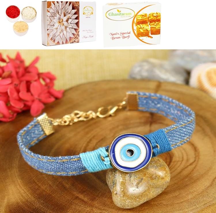Ghasitaram Gifts Jaiccha Rakhi for Brother Rakhis Online - PRK25-005-Handmade Demin Band Evil Eye Bracelet Premium Rakhi with 200 gms of Besan Barfi and 200 gms of Kaju Katli