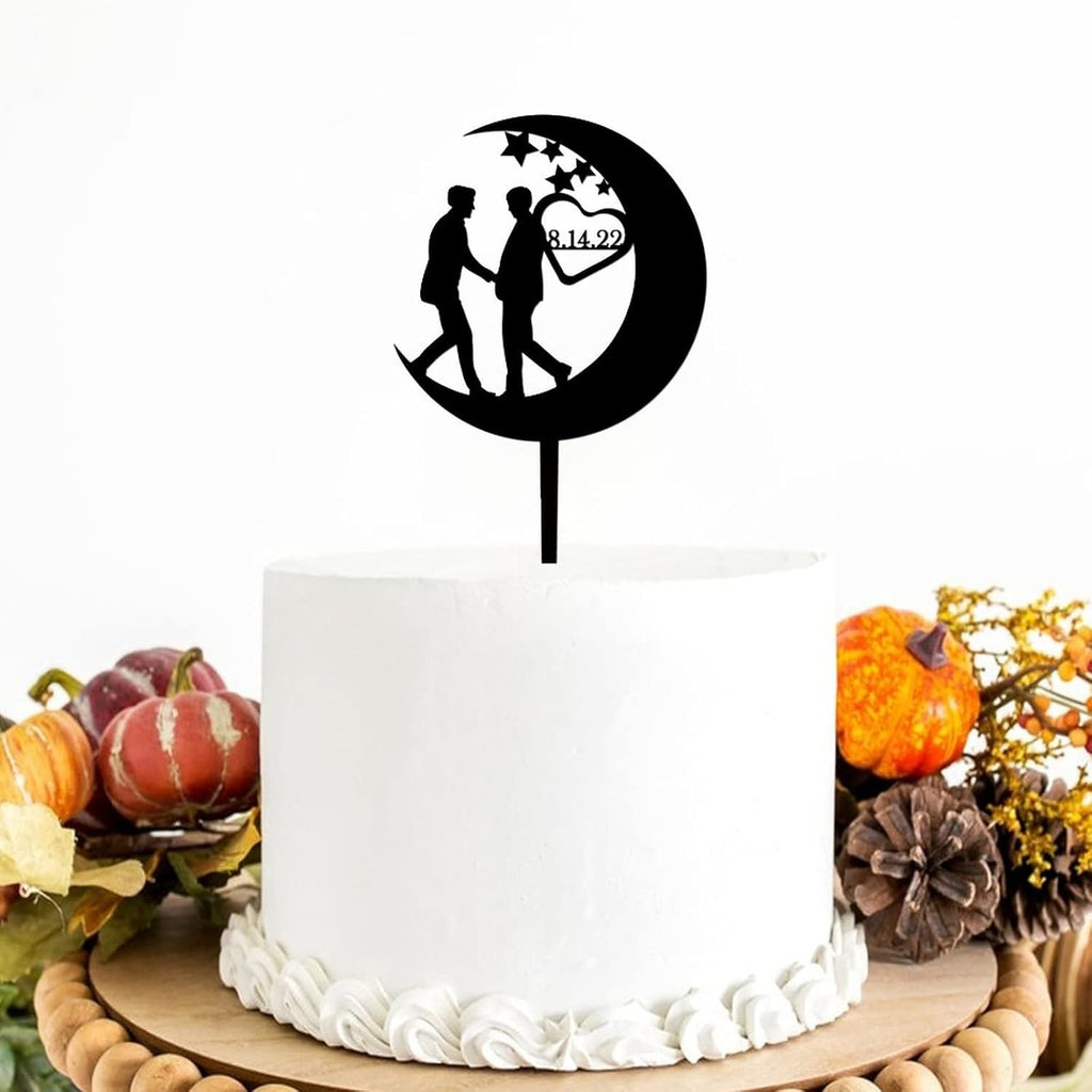 2 Grooms with Moon And Stars Cake Toppers Men Anniversary Decoration Cake Toppers Same Sex Silhouette Homosexual Gay Wedding Decor LGBT Toppers, Acrylic Black