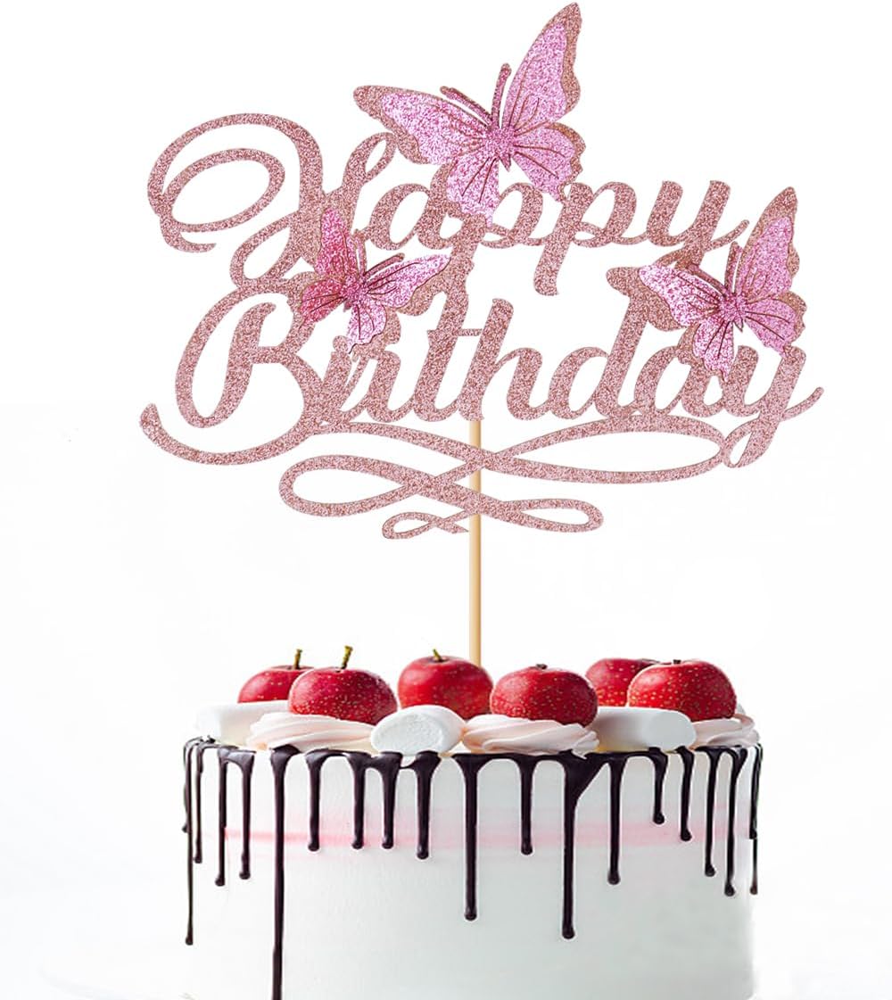 3D Butterfly Happy Birthday Cake Topper，Glitter Butterfly Birthday Cake Decorations，Baby Shower/Boys Girls Women's Birthday Party Supplies(Rose Gold Pink)