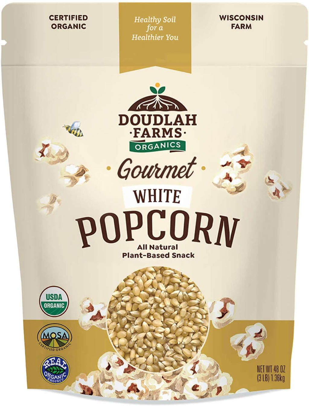 Organic White Popcorn Kernels Unpopped 3 lb - Healthy, Non-GMO, Gluten-Free, Pesticide-Free, Chemical-Free, Glyphosate-Free, Grown in Regenerative Soil in Wisconsin USA by Doudlah Farms