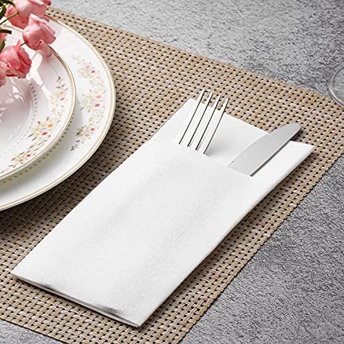 LEKOCH White Napkins with Pocket | Disposable Cloth Like Dinner Napkins | Built-in Flatware Pocket for Wedding Party & Events | Linen Feel | 100 Count