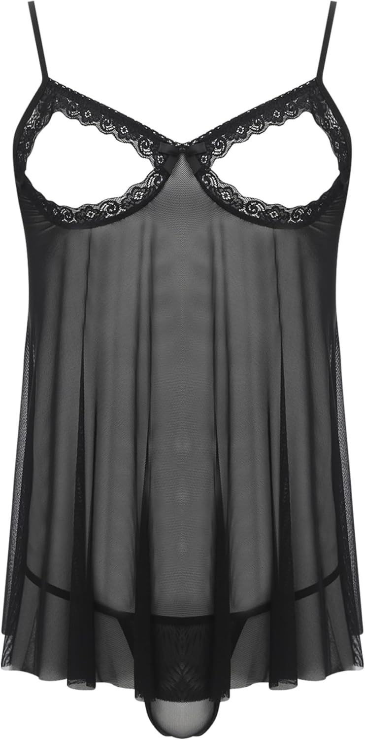 Mens Sexy Sissy Lingerie Sheer See Through Mini Night Dress Chemise with G-String Nightwear
