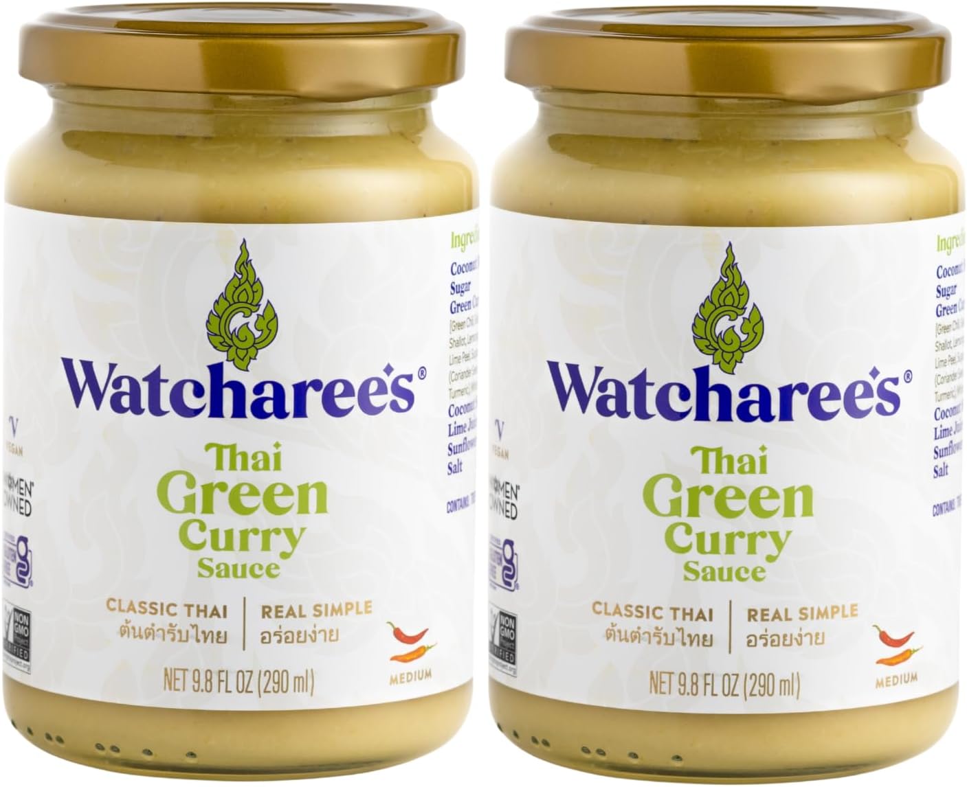 Watcharee’s Thai Green Curry Sauce – Authentic Thai Flavor Made from Real Green Curry Paste & Coconut Milk, Crafted with Natural Ingredients, Ready-to-Use, Vegan, Non-GMO, Gluten-Free, 9.8 fl oz (Pack of 2)