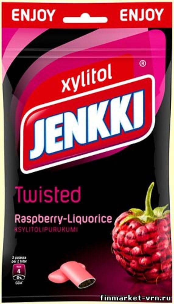 10 Bags x 100g of Jenkki Enjoy Twisted Raspberry - Licorice - Finnish - Xylitol - Chewing Gum