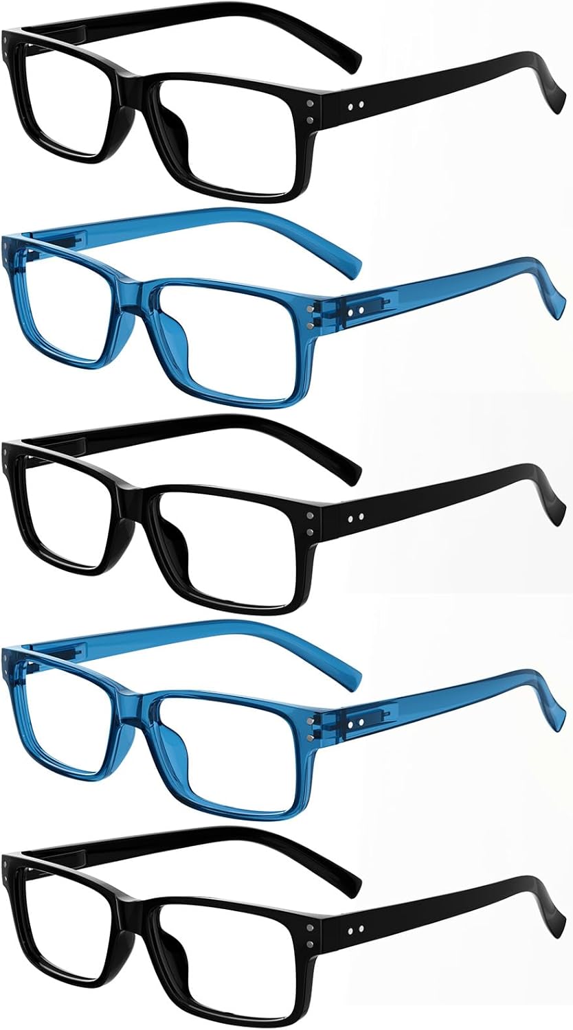 Eyekepper Vintage Reading Glasses for Men - 3 Pairs Black and 2 Pairs Blue - Spring Hinges Classic Readers +1.50