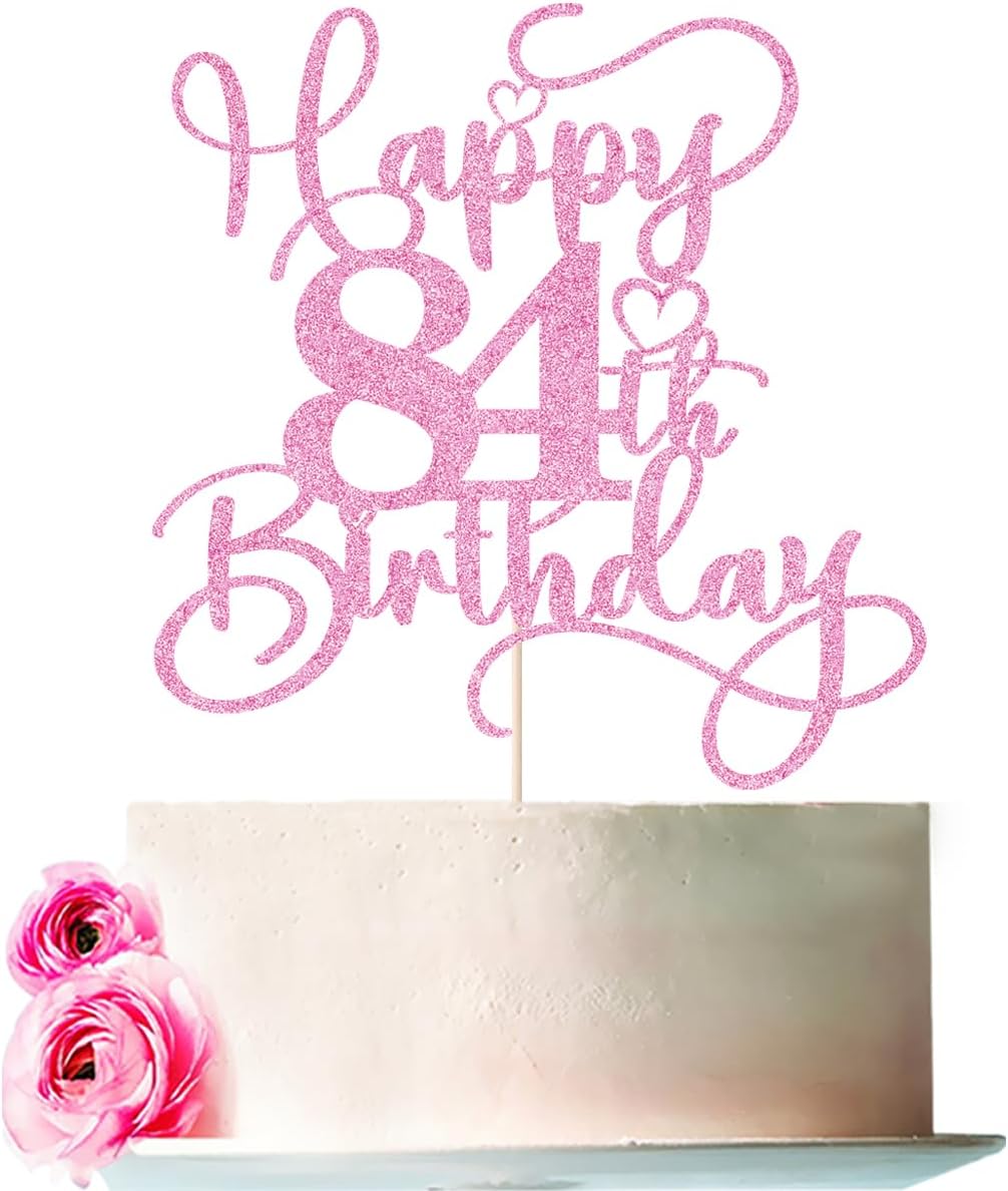 Pink Happy 84th Birthday Cake Topper 1pcs Glitter Cake Topper for One Birthday/Anniversary Theme Party Cake Decorations Supplies (84th)