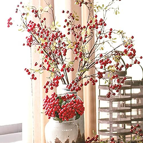 Firlar Artificial Red Berry Branch Long Stem Berry Picks, 4 PC 27.5 Inch Faux Holly Artificial Berry Branches Bouquet for Vase Wedding Christmas Decor