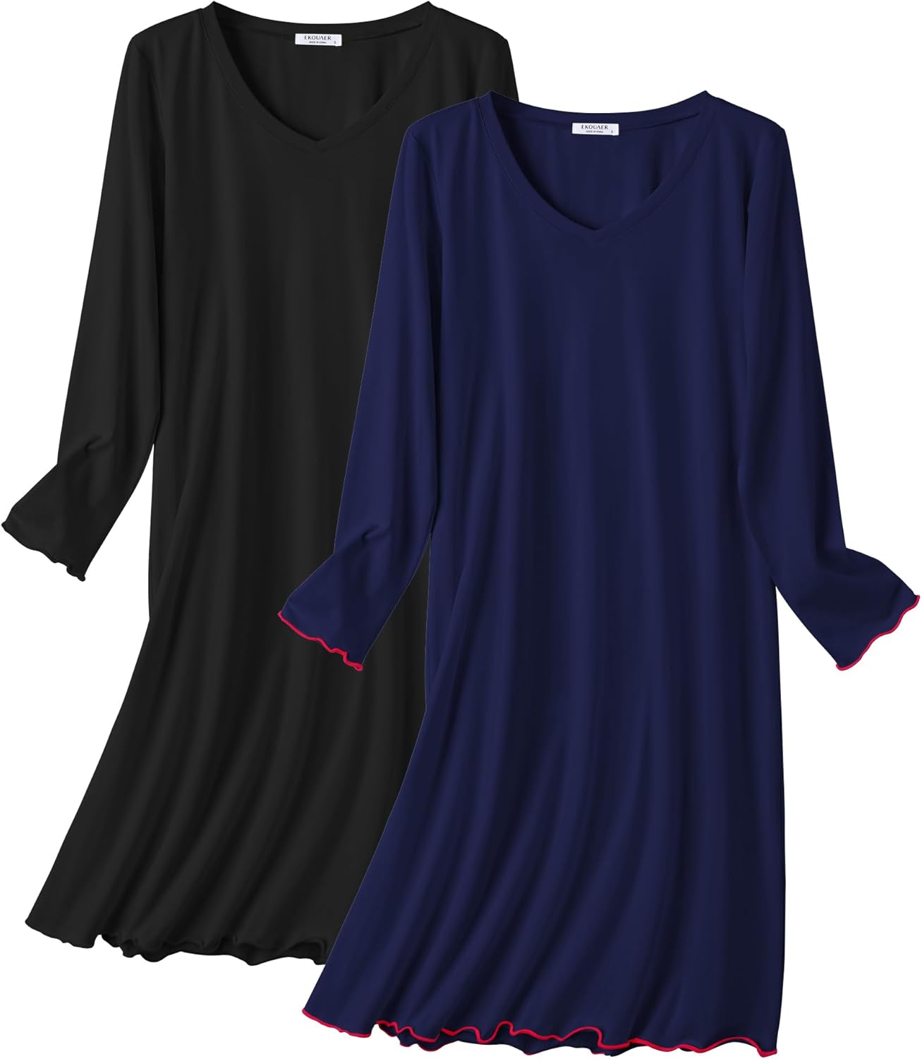 Ekouaer Cotton Nightgowns for Women 2 Pack Night Gown Long Sleeve Sleepshirts V Neck Night Shirt Soft Sleepwear