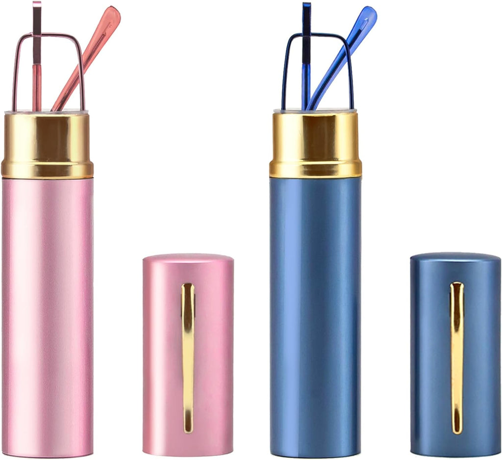 REAVEE 2 Pack Slim Pen Reading Glasses for Men Women, Small Pocket Size Tube Readers Spring Hinge with Portable Clip Case, Pink and Blue 2.5