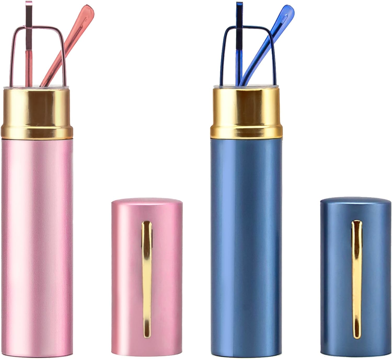 REAVEE 2 Pack Slim Pen Reading Glasses for Men Women, Small Pocket Size Tube Readers Spring Hinge with Portable Clip Case, Pink and Blue 2.0