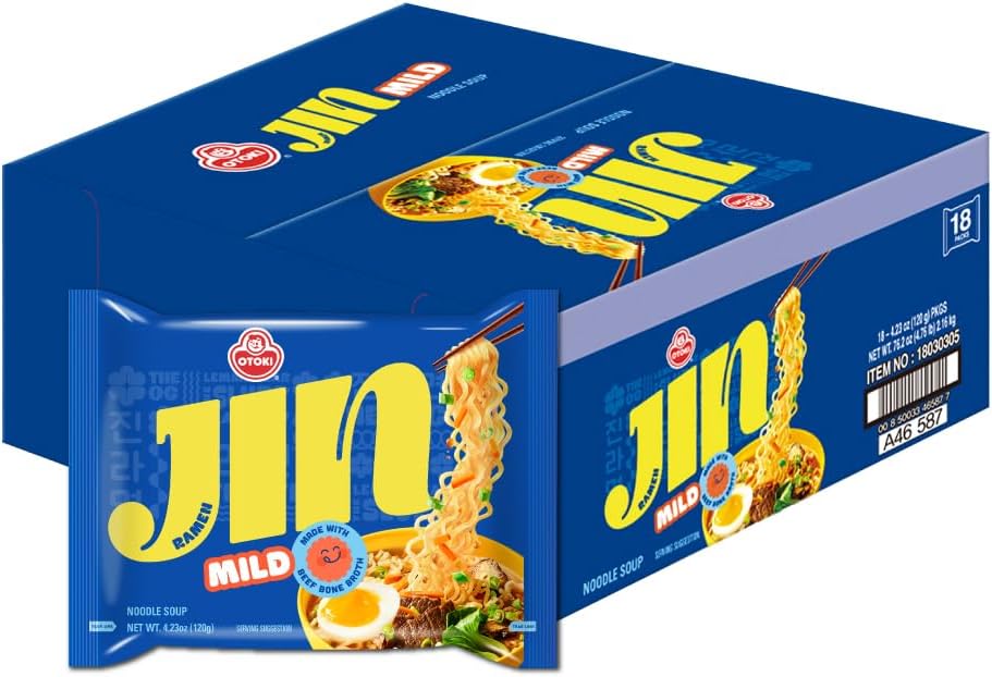 OTOKI Jin Ramen Mild Korean Instant Ramen, 13-Hour Simmered Beef Bone Broth, Mild Savory Flavor, Ready in 4 Minutes, 4.23 oz (Pack of 18)