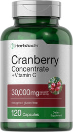 Horbäach Cranberry Concentrate Extract Pills + Vitamin C | 120 Capsules | Supplement for Women and Men | Triple Strength Ultimate Potency Formula | Non-GMO and Gluten Free