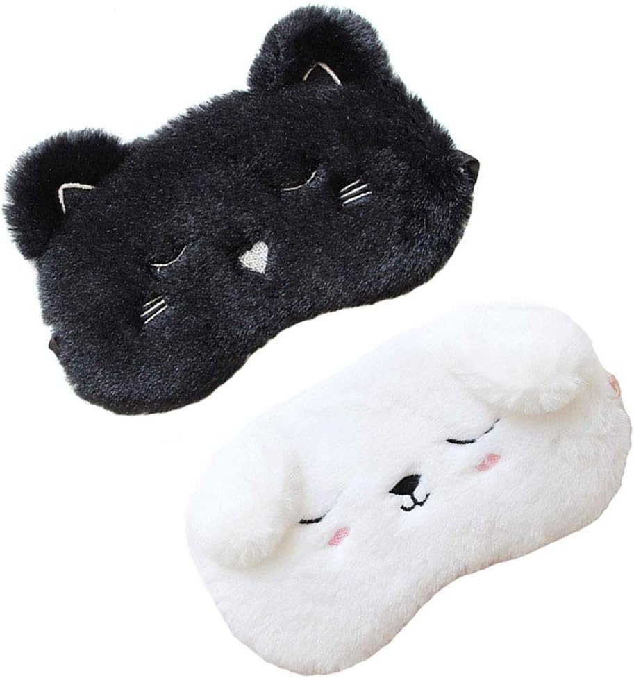 2 Pack Cute Animal Sleep Mask for Girls Cute Cartoon Cat Dog Soft Plush Blindfold Sleep Masks Eye Cover for Women Girls Travel Nap Night Sleeping