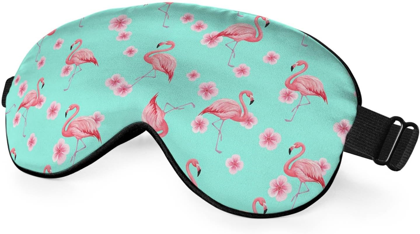 Pink Flamingo Eye Mask Sleeping Mask Tropical Pink Flowers Blue Sleep Masks Silky Soft Eye Cover for Women Men Shading Blindfold for Air Travel Sleeping