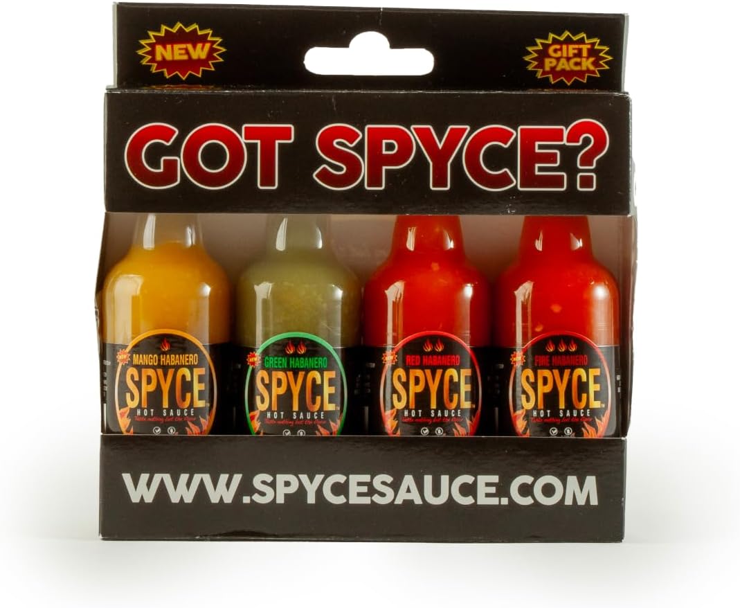SPYCE Habanero Hot Sauce Gift Set Variety Pack, Vegan, Gluten Free, Low Sodium, Non GMO, No MSG, No Sugar, No Filler (4-2 Ounce Bottles)