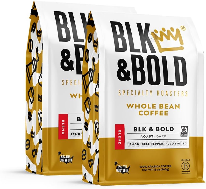 BLK & Bold Whole Bean Coffee, Espresso Dark Roast, Coffee Beans, Bold Heavy Body with Smooth Toasty Finish, Fresh Roasted Coffee for Espresso Machine, Drip, French Press & Cold Brew, 12 oz Bags (2 Pack)
