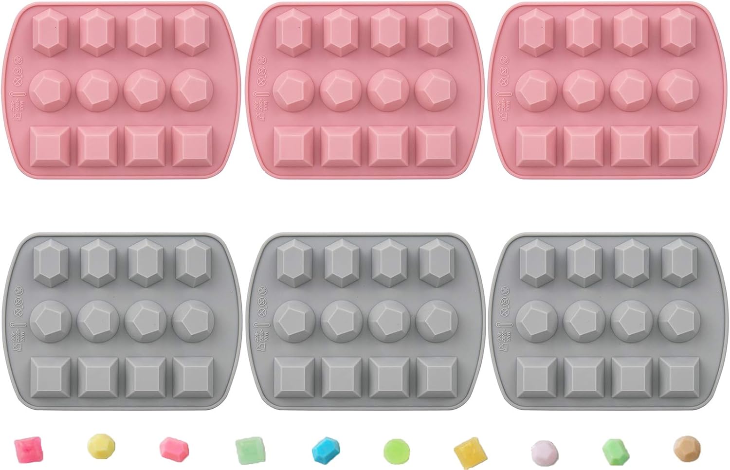 Nicunom 6 Pack Silicone Gem Shapes Candy Molds, 12 Cavity Diamond Cube Tray for Making Jelly, Candy, Chocolate, Cake Decorating, Ice Molds, Soap, Crafting
