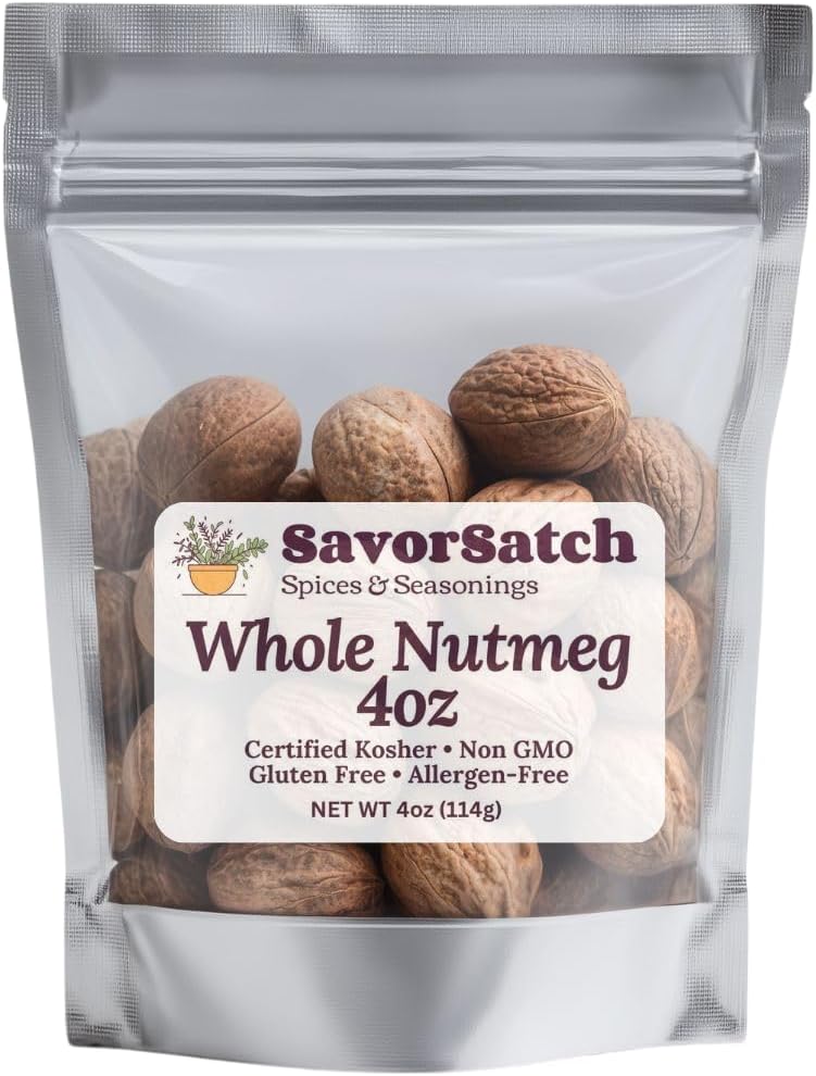 SavorSatch Whole Nutmeg – 4 oz Resealable Stand-Up Pouch | Certified Kosher, GMO Free, Allergen-Free | Fresh Aromatic Whole Nutmeg Pods for Baking & Cooking