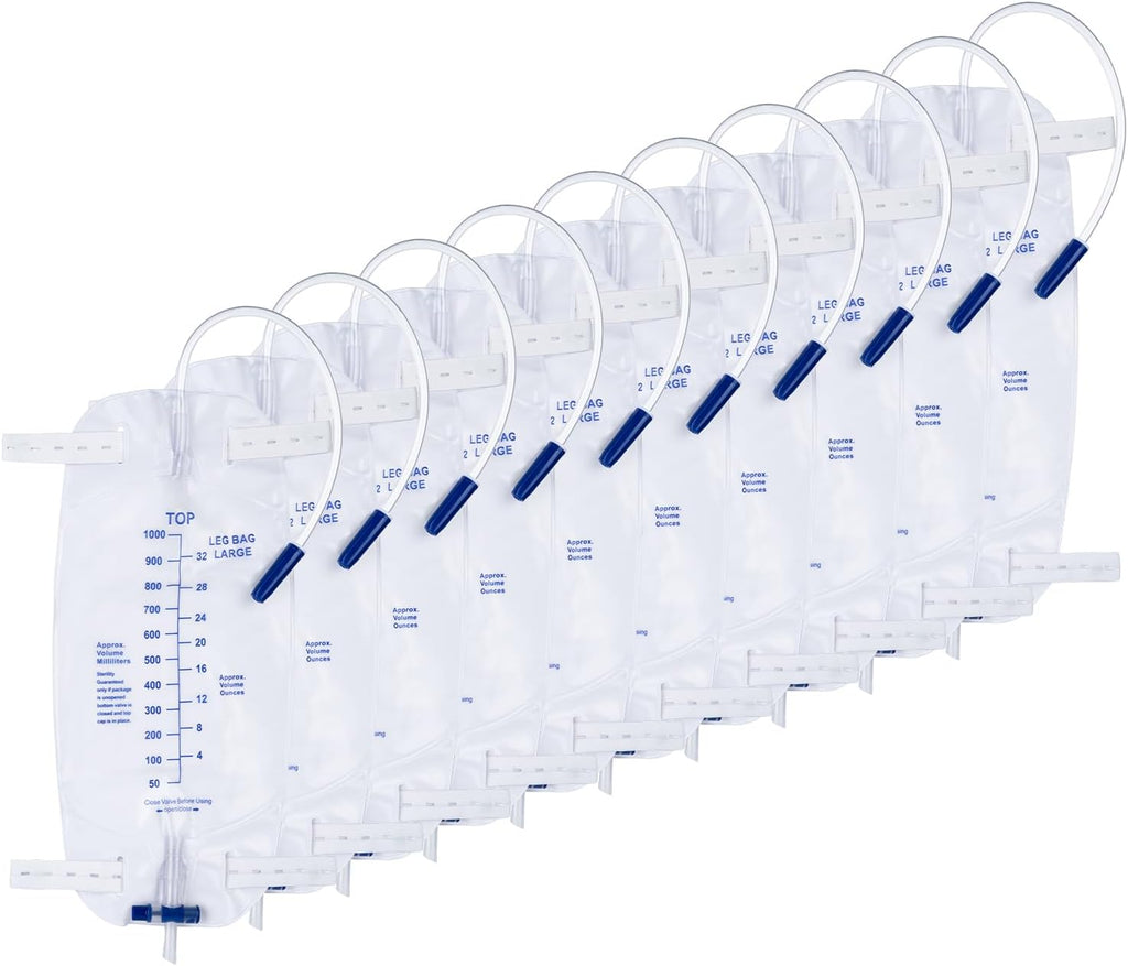 10 Pack 1000ml Sterile Leg Urinary Drainage Bags with 2 Adjustable Elastic Straps, Professional Urine Leg Bag with Anti-Reflux Valve for Men and Women