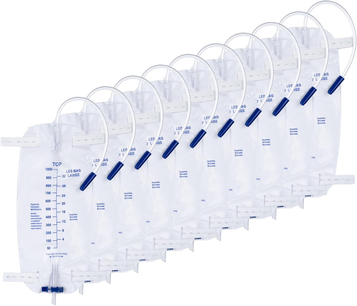 10 Pack 1000ml Sterile Leg Urinary Drainage Bags with 2 Adjustable Elastic Straps, Professional Urine Leg Bag with Anti-Reflux Valve for Men and Women