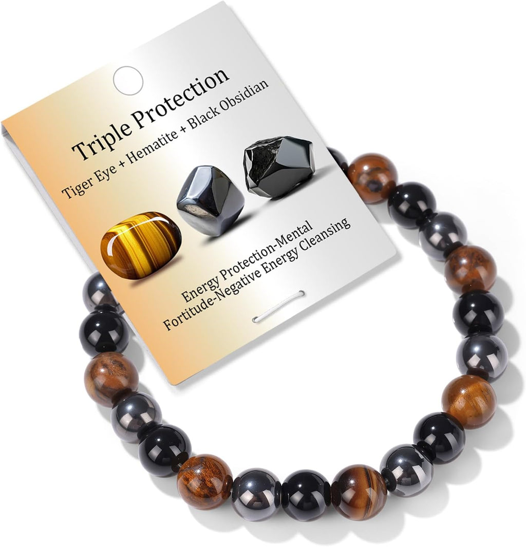 Healing Crystal Triple Protection Bracelet 8mm Crystal Beaded Bracelet for Women Men Natural Stones of Tiger Eye, Hematite, Black Obsidian Handmade Gemstone Reiki Spiritual Jewelry Gifts
