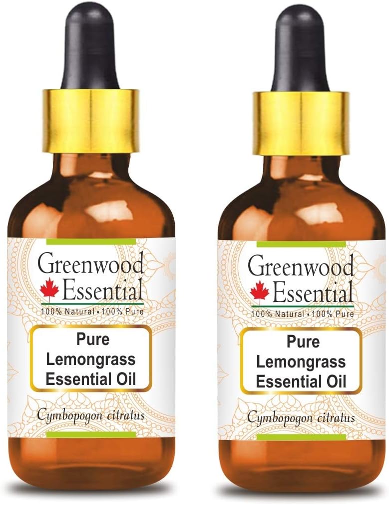 Greenwood Essential Pure Lemongrass Essential Oil (Cymbopogon citratus) with Glass Dropper Steam Distilled (Pack of Two) 100ml X 2 (6.76 oz)