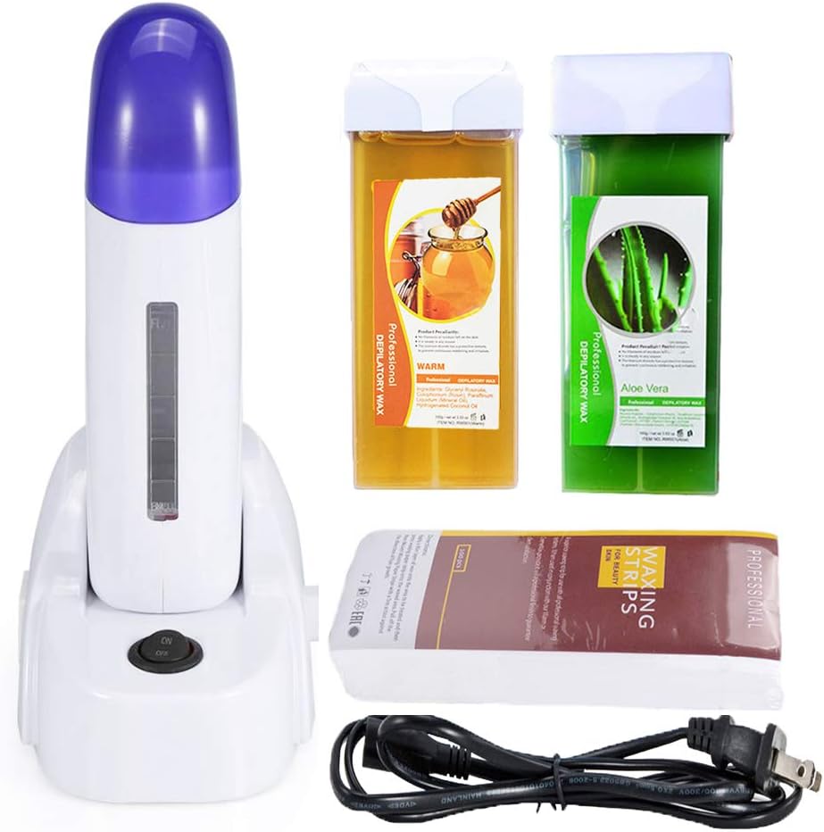 iMeshbean® Depilatory Roll on Wax Heater Roller Warmer Cartridge Strips Hair Removal Kit USA (Aloe & Honey Wax & 100 Paper)