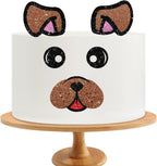 Bulldog Face Cake Topper, Puggy Dog Birthday Cake Decor, Black&Brown Glitter Dog Face Let's Pawty Cake Topper Set for Baby Shower, Pet Animal Themed Party Supplies