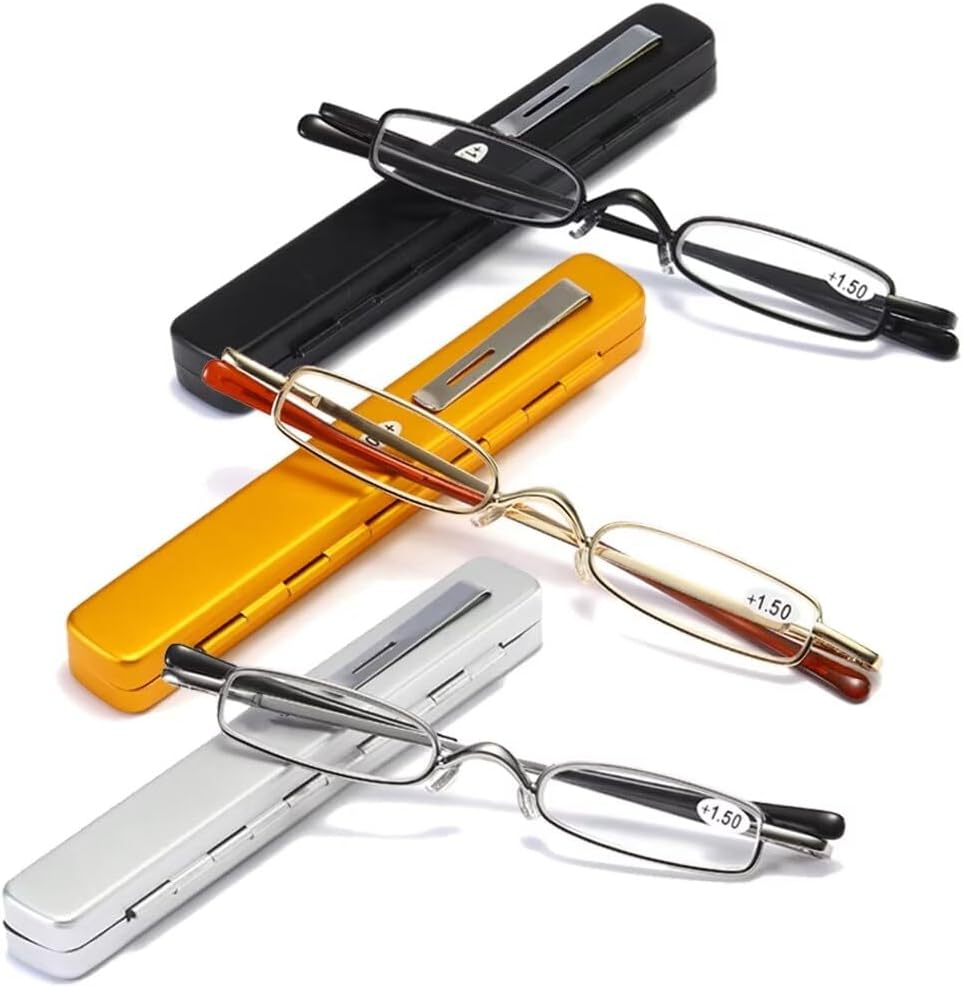 MMOWW Small Reading Glasses Men Women 3 Pairs Slim Pocket Readers with Pen Clip Metal Case Spring Hinge 2.25