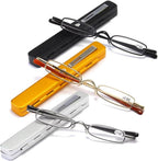 MMOWW Small Reading Glasses Men Women 3 Pairs Slim Pocket Readers with Pen Clip Metal Case Spring Hinge 1.5