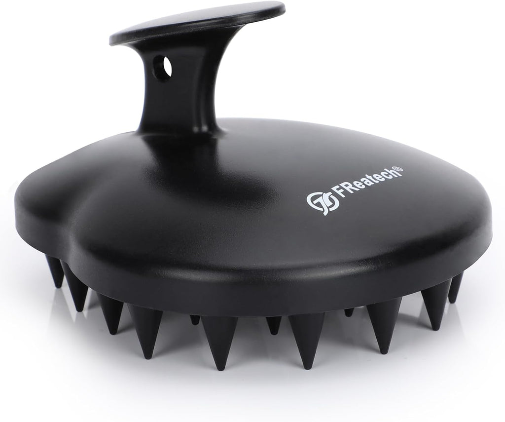 FREATECH 100% Silicone Hair Scalp Massager Shampoo Brush for Scalp Care and Hair Growth, Waterproof Shower Hair Scrubber Scalp Exfoliator for Dandruff and Buildup, Sturdy and Hygienic, Black