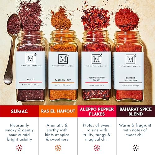 The Mediterranean Dish Exotic Middle Eastern Spice Bundle - Baharat, Ras El Hanout, Aleppo Pepper and Sumac - Gourmet Mediterranean Seasonings Set - Warm, Tangy and Aromatic Blends - Set of 4 Glass Bottles