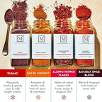 The Mediterranean Dish Exotic Middle Eastern Spice Bundle - Baharat, Ras El Hanout, Aleppo Pepper and Sumac - Gourmet Mediterranean Seasonings Set - Warm, Tangy and Aromatic Blends - Set of 4 Glass Bottles