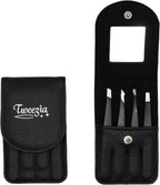 TWEEZIA Stainless Steel Tweezer Set - 4 Precision Tweezers with Mirror & Leather Case - Ideal Eyebrow Kit, Ingrown Hair Tweezers, Splinter Removal Kit or Pointed Tweezers for Beauty and Personal Care