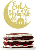Eid Mubarak Cake Topper - Ramadan Party Decorations - Hajj Mubarak Festival Anniversary Party - Muslim Islam Celebration Decoration Gold Glitter