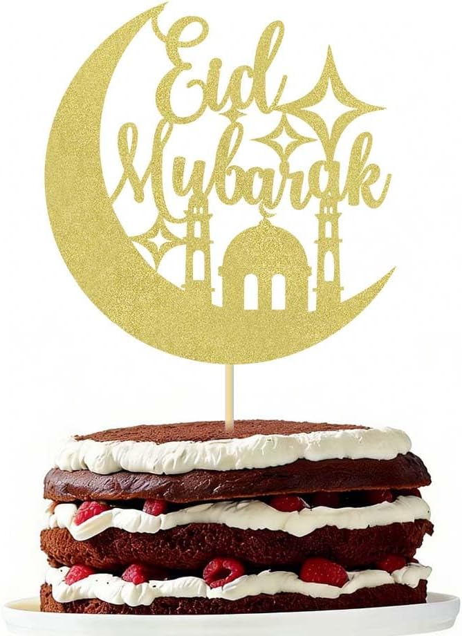 Eid Mubarak Cake Topper - Ramadan Party Decorations - Hajj Mubarak Festival Anniversary Party - Muslim Islam Celebration Decoration Gold Glitter