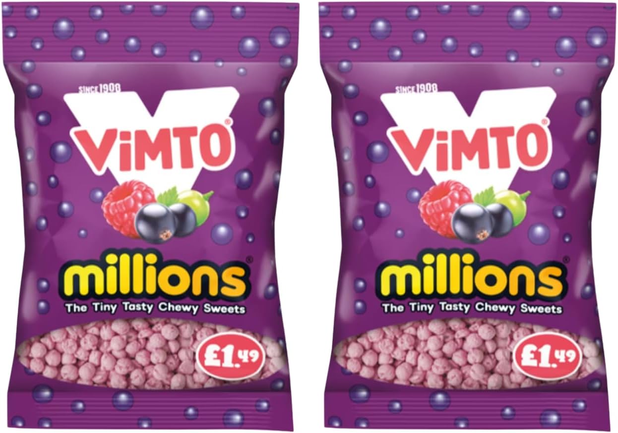 Millions Candy Assorted Flavors Pack 2 Pack, Strawberry, Vimto, Apple, Watermelon, Bubblegum, 110g (Vimto)