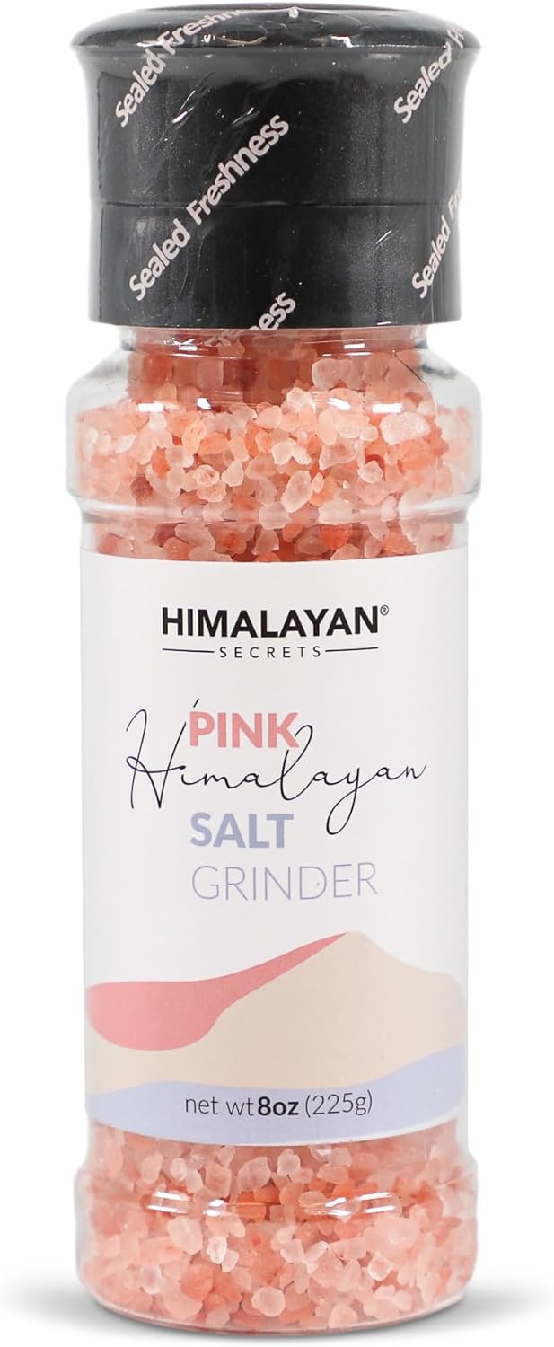 Himalayan Secrets Pink Salt Coarse Grinder - Natural Gourmet Cooking Salt, Kosher Certified, Unrefined, Mineral Rich, Bold Flavor, No Additives, Refillable Container with Ceramic Mill (8 oz)
