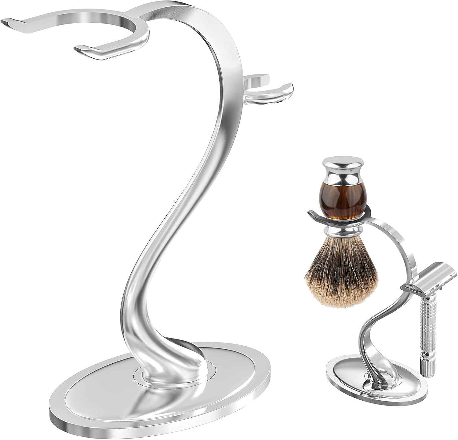 Linkidea Razor Holder Stand, Zinc Alloy Shaving Brush Organizer with Non-Slip Base, Safety Shaver Kit for Shower, Bathroom Compatible with Vikings Blade the Chieftain (Chrome)
