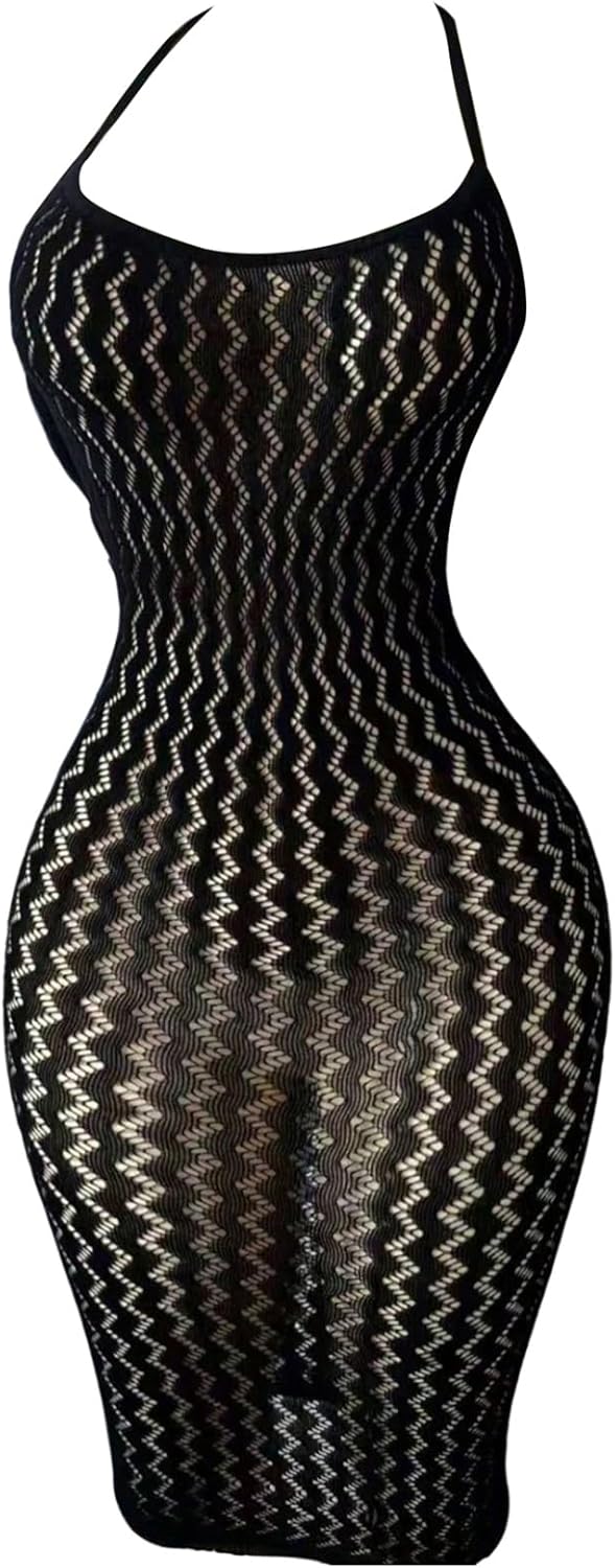 OYOANGLE Women's Fishnet Halter Bodycon Lingerie Dress Sexy Hollow Out See Through Sleeveless Chemise Beach Cover Up Dress