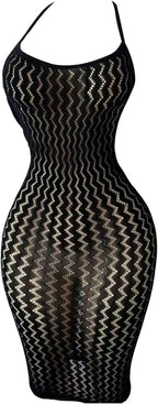 OYOANGLE Women's Fishnet Halter Bodycon Lingerie Dress Sexy Hollow Out See Through Sleeveless Chemise Beach Cover Up Dress
