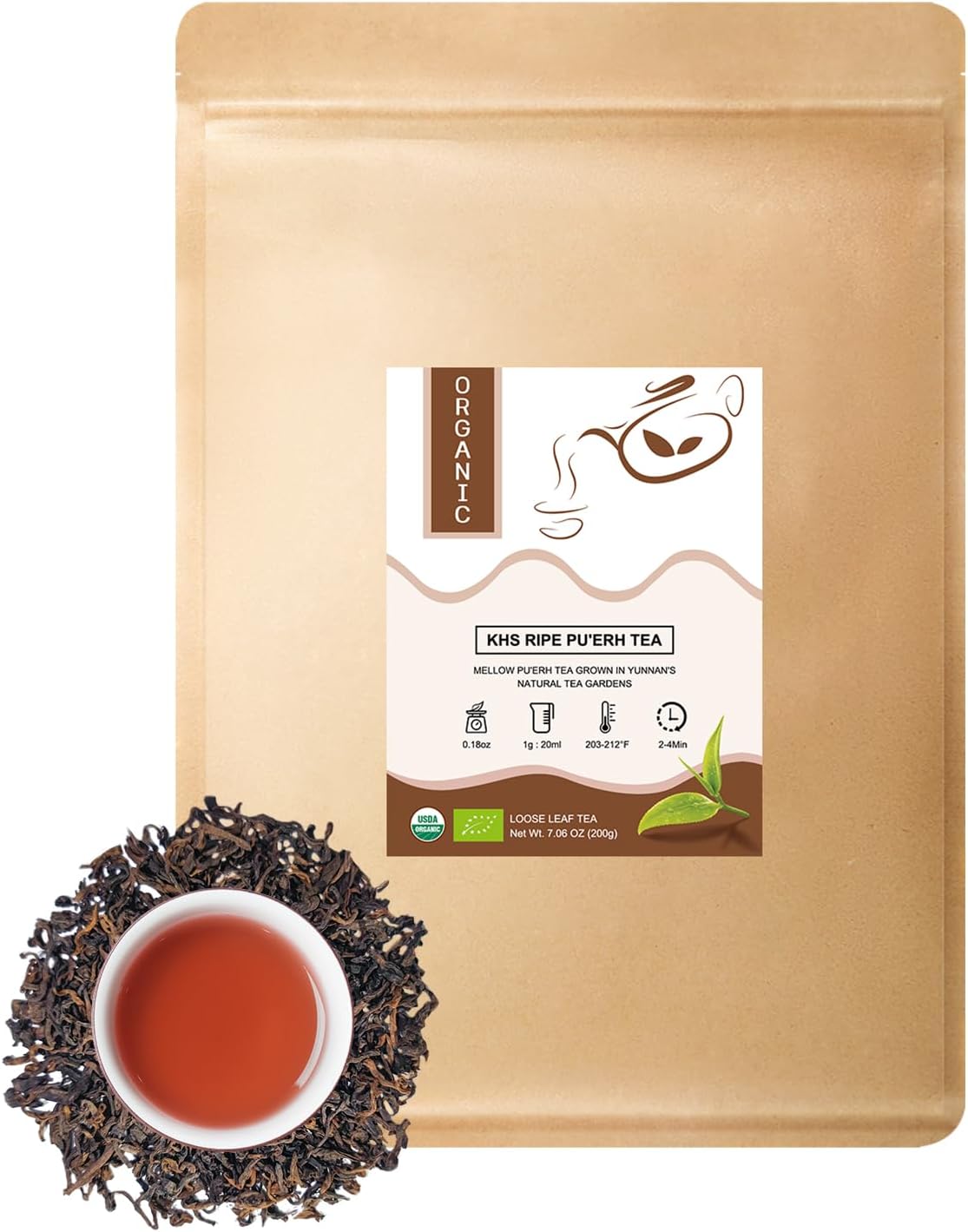 Organic Pu Erh Tea, 7.06 Oz USDA Certified Aged Fermented Organic Ripe Puerh Tea Loose Leaf Black Tea, No Dust Production Workshop, Chinese Yunnan Ancient Tree Puer Tea Perfect for Hot Brew