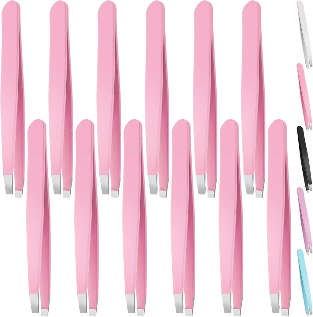 Swpeet 12Pcs 3.79 Inches Pink Eyebrow Tweezers Stainless Steel Slant Tip Tweezers Kit, Professional Eyebrow Facial and Hair Remover, Slant Pointed Precision Tweezers Fits for Men and Women